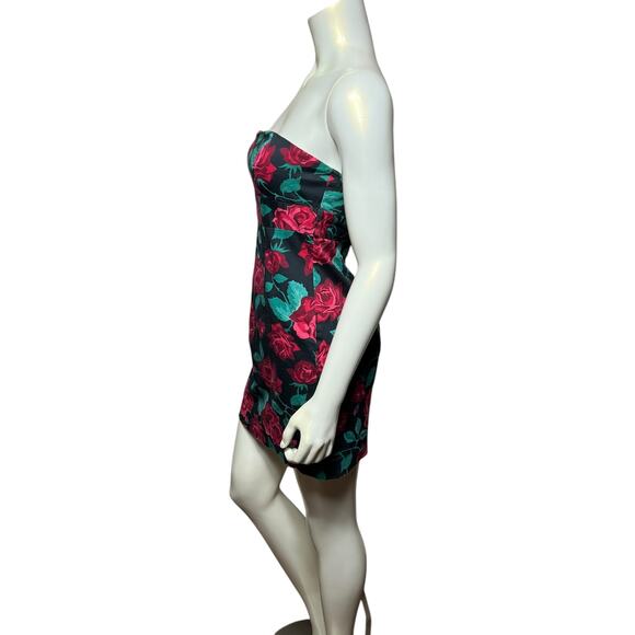 Vintage 90s Strapless Mini Dress Size L/10 - Vibrant Rose Floral Print Black - Picture 3 of 12